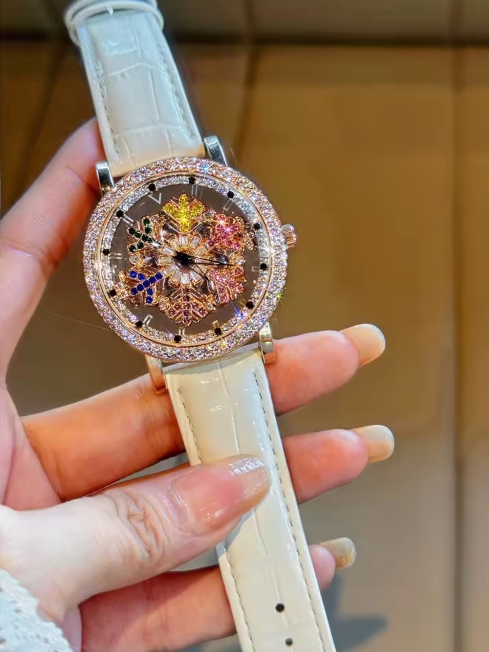 Nordstrom White Strap Rose Gold Crystal Floral Dial Watch
